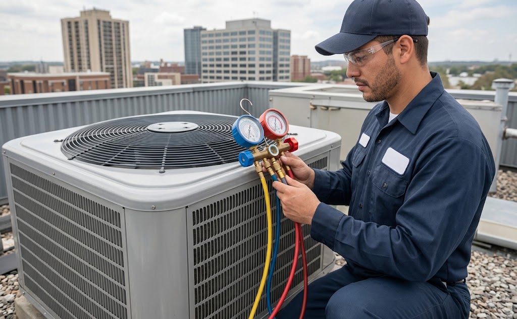 AC Technician working on an outdoor unit
