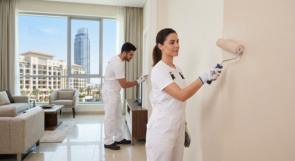 Professional move-in and move-out painters painting a modern Dubai apartment wall